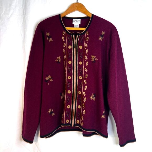 Koret Vintage 100% Wool Embroidered Full Zip Fall Sweater Sz Large Thanksgiving - Picture 3 of 8